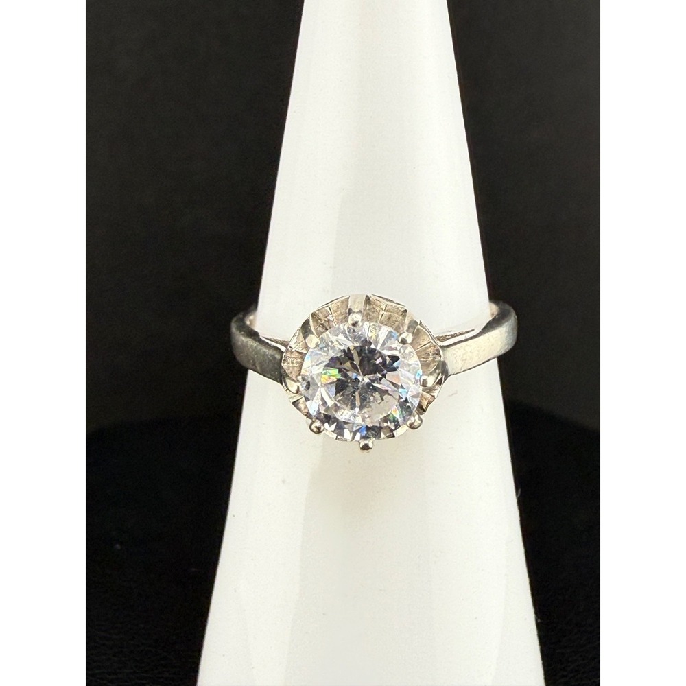 Vintage Estate Sterling Silver Rhinestone Ring Cocktail Solitaire Size 5.75